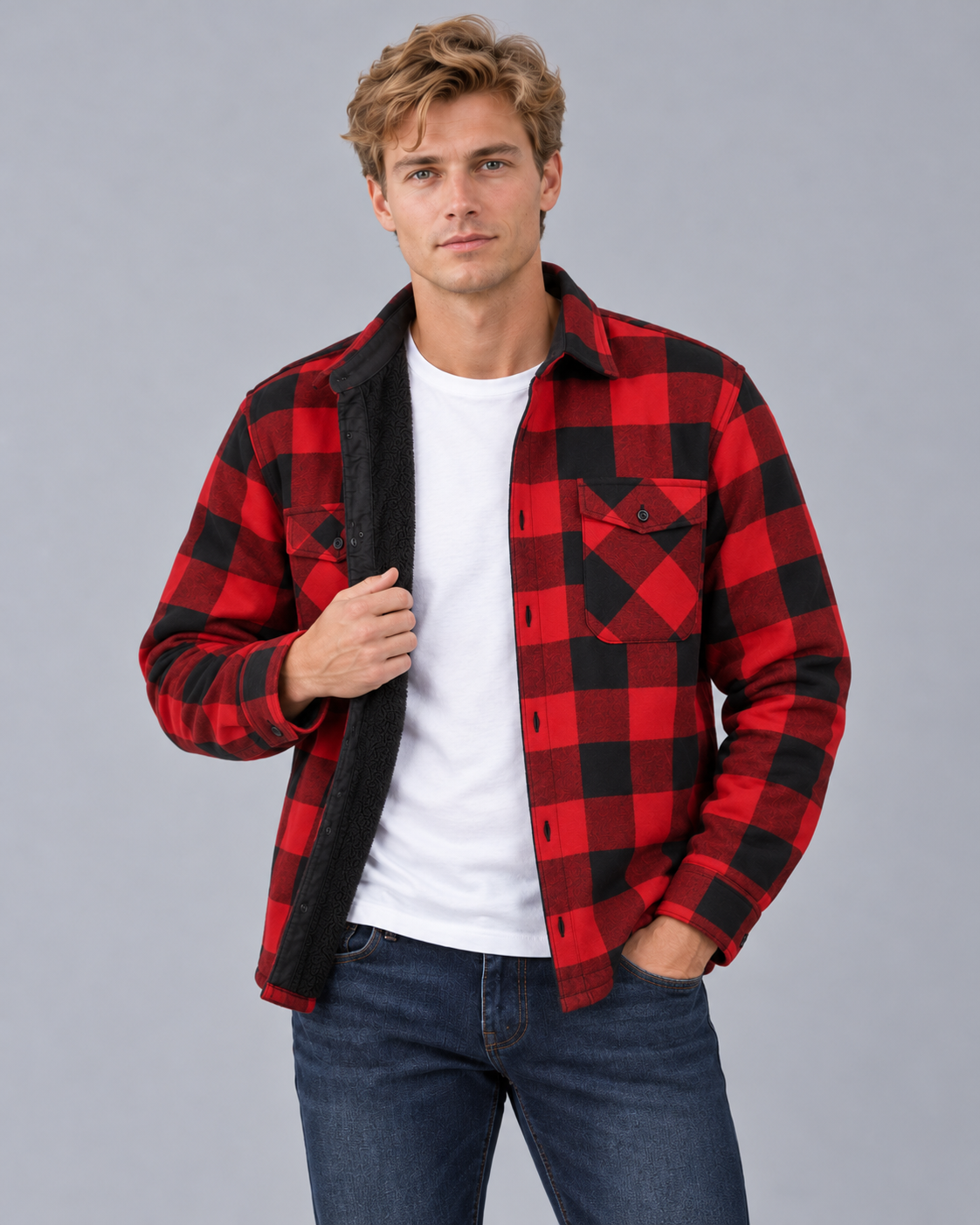 Men's Fleece-Lined Overshirt with Chest Pocket