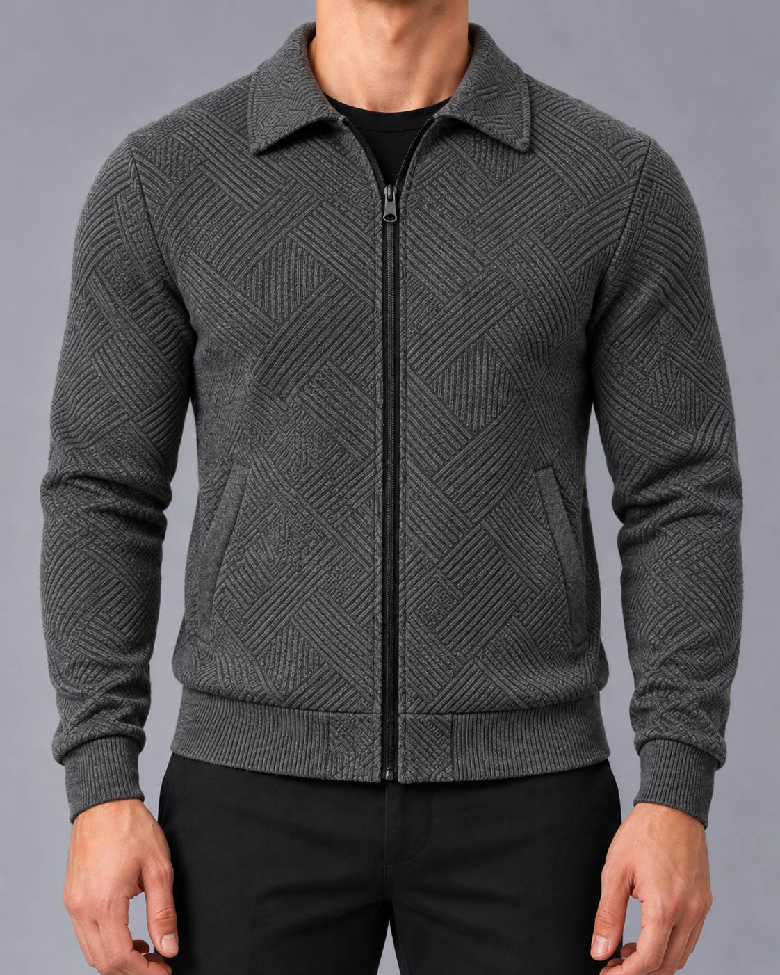 Men's Textured Zip-Up Jacket with Collar