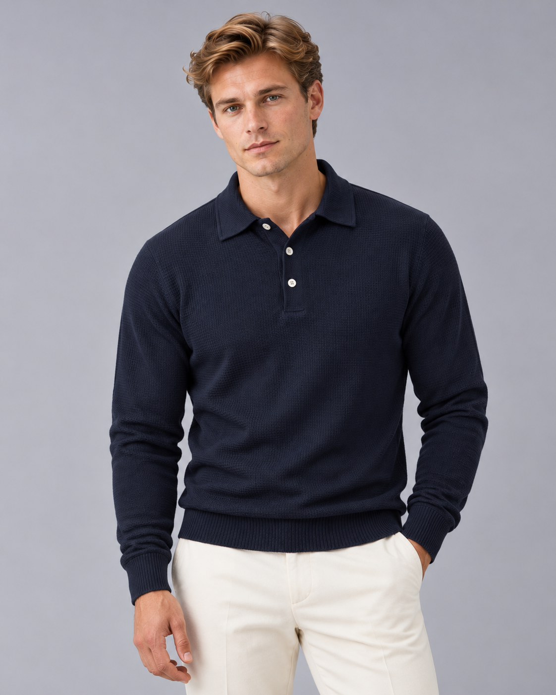 Men's Ribbed Long Sleeve Polo Shirt