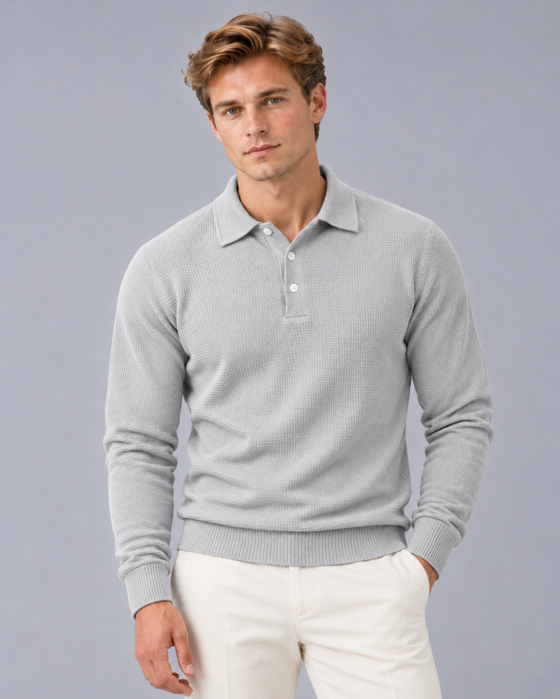 Men's Ribbed Long Sleeve Polo Shirt