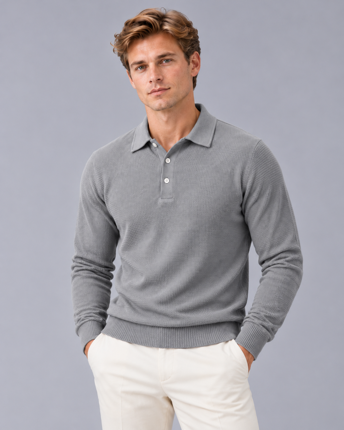 Men's Ribbed Long Sleeve Polo Shirt