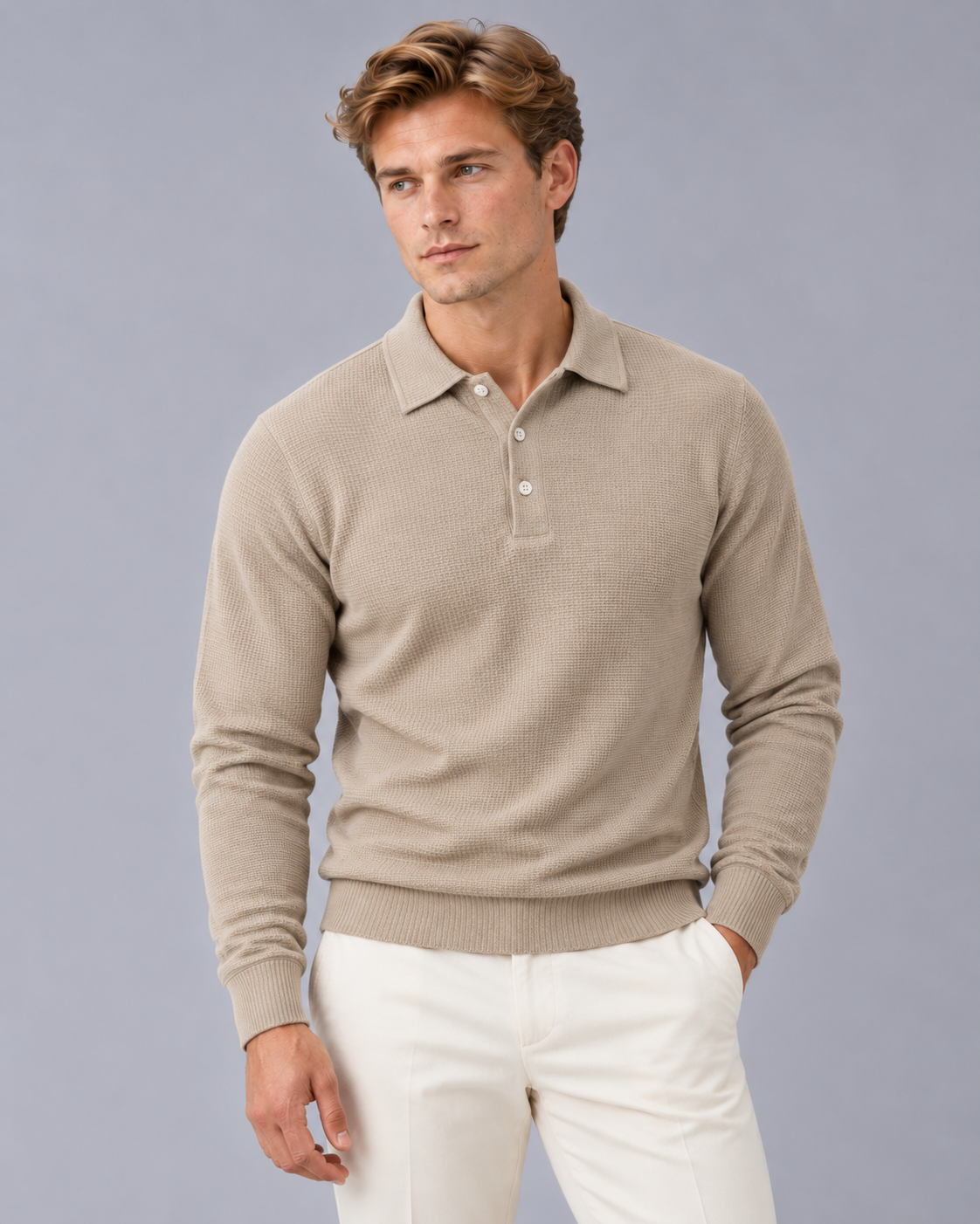 Men's Ribbed Long Sleeve Polo Shirt
