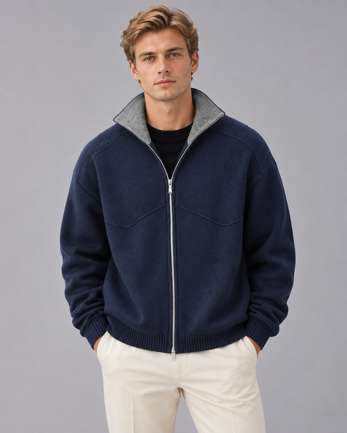 Men's Zip-Up Cardigan – Knitted Stand-Collar Jacket with Contrast Collar, Relaxed Fit