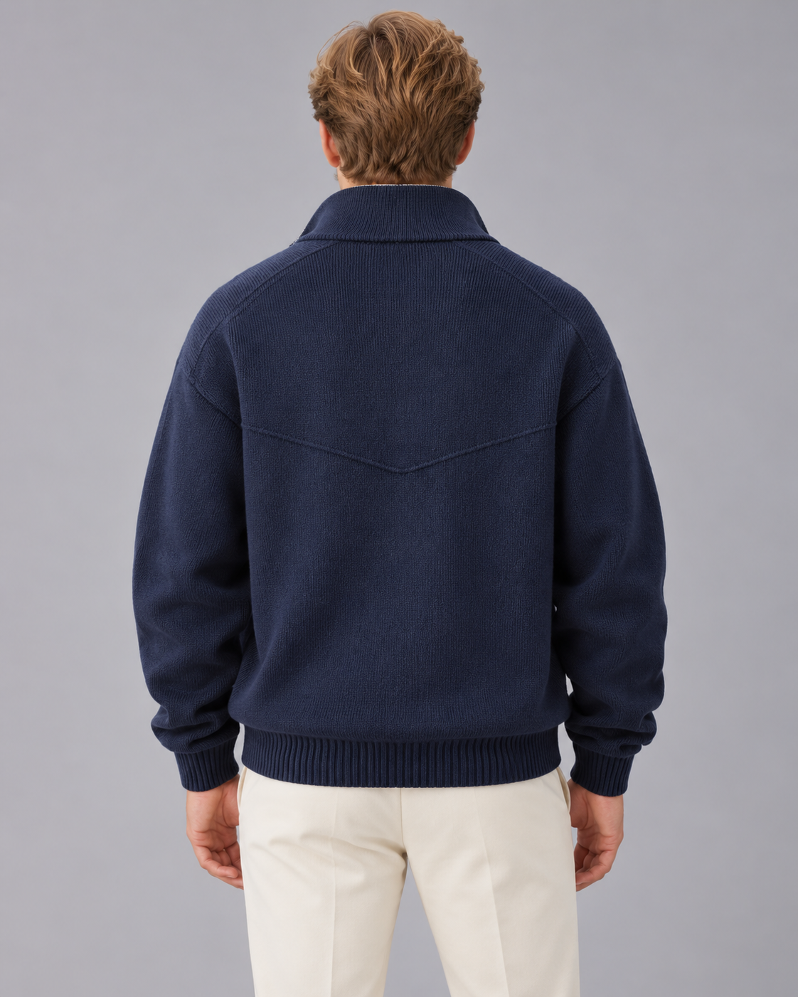 Men's Zip-Up Cardigan – Knitted Stand-Collar Jacket with Contrast Collar, Relaxed Fit