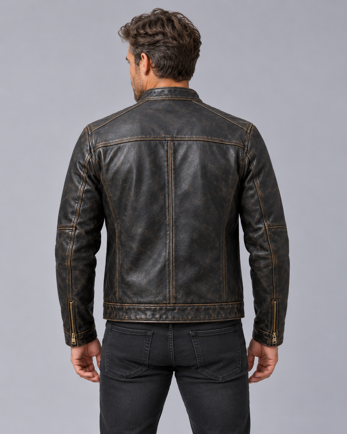 Men's Distressed Leather Jacket with Patina Finish – Stand Collar, 4 Zip Pockets