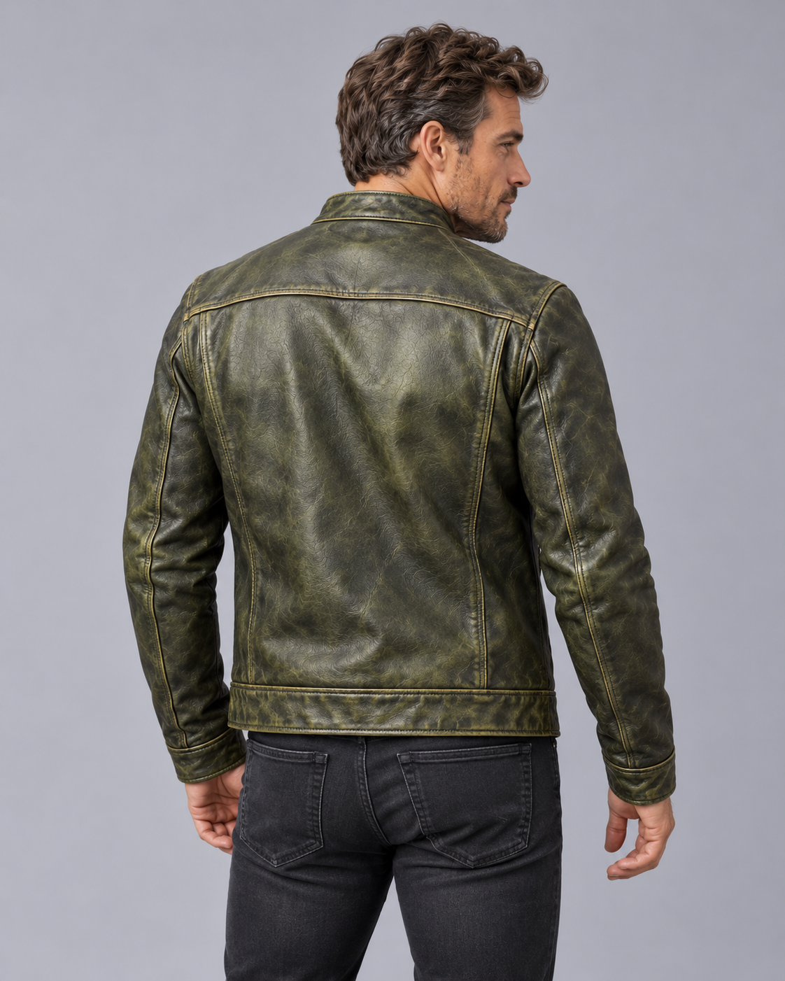 Men's Distressed Leather Jacket with Patina Finish – Stand Collar, 4 Zip Pockets
