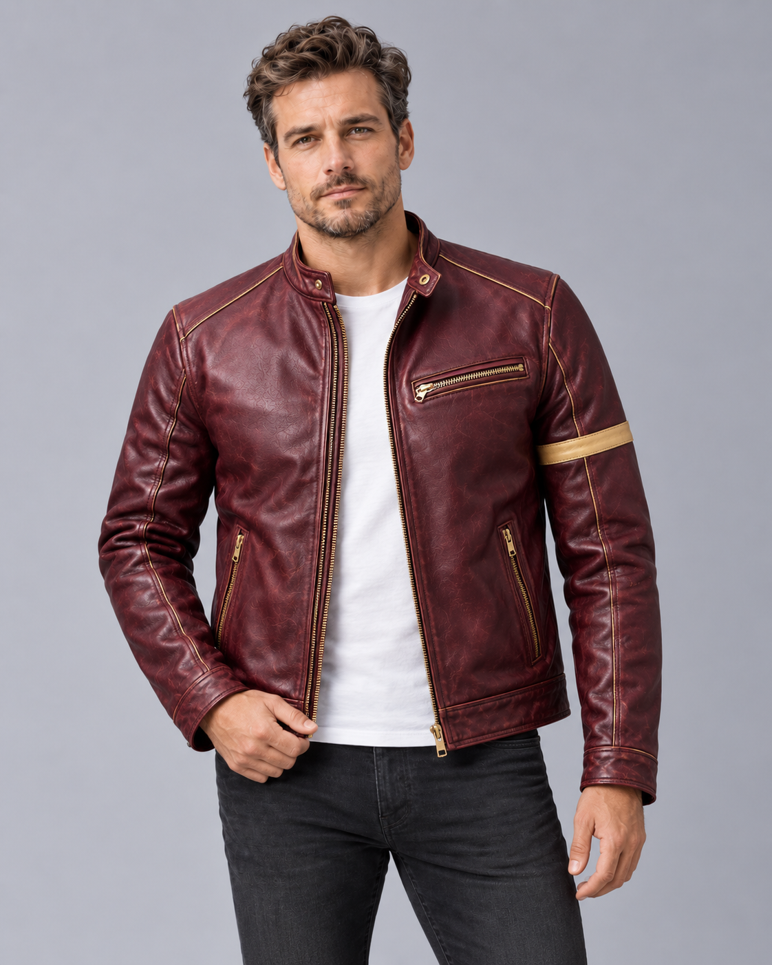 Men's Distressed Leather Jacket with Patina Finish – Stand Collar, 4 Zip Pockets