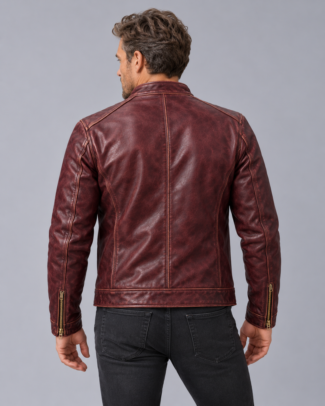 Men's Distressed Leather Jacket with Patina Finish – Stand Collar, 4 Zip Pockets