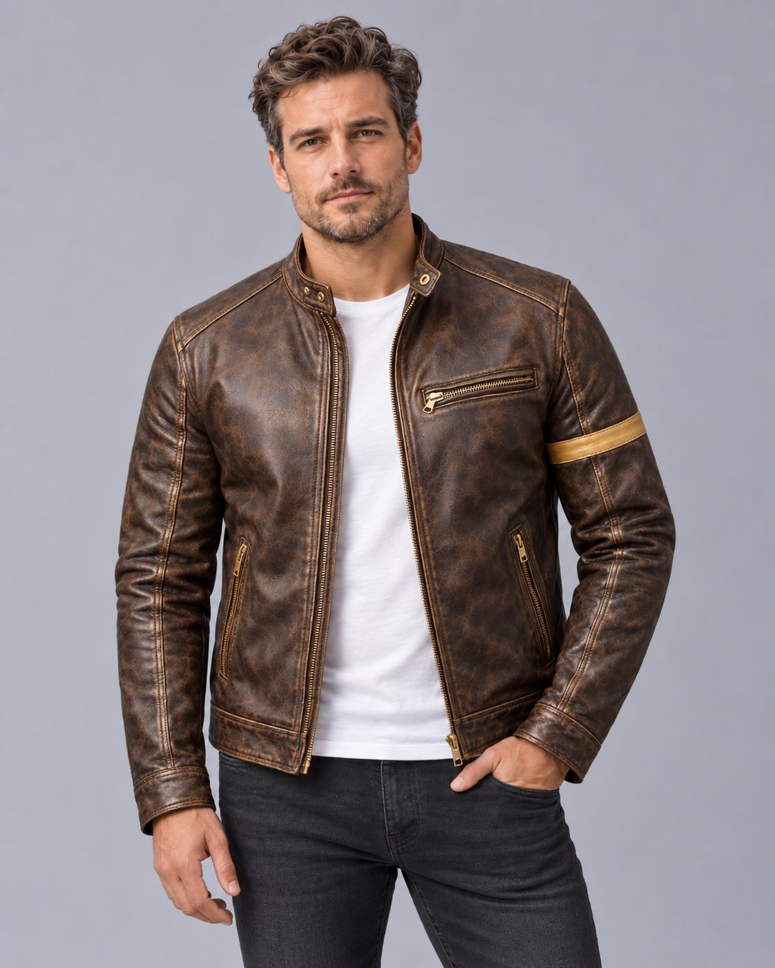 Men's Distressed Leather Jacket with Patina Finish – Stand Collar, 4 Zip Pockets
