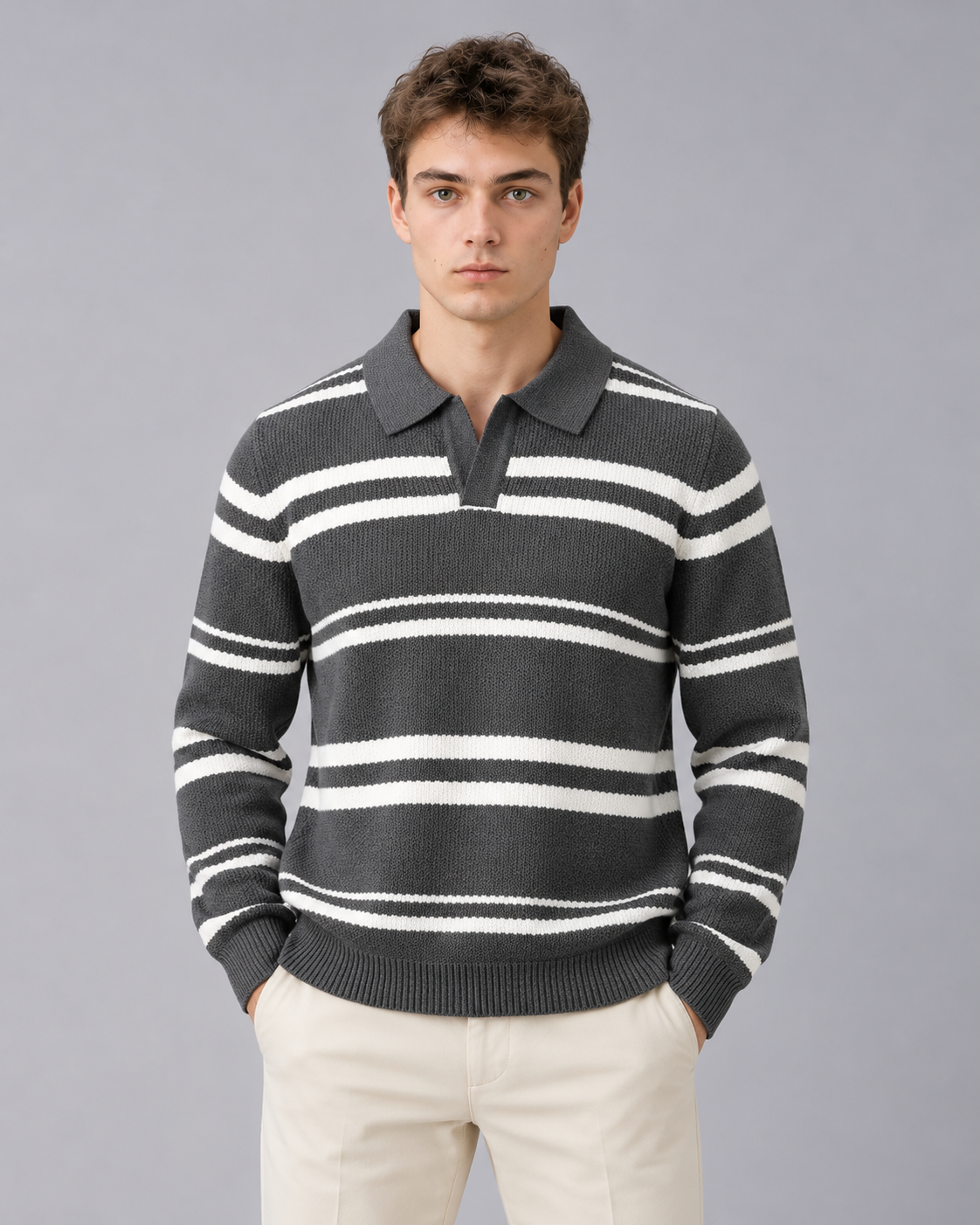 Men's Long Sleeve Knitted Polo – Striped Cotton-Blend Knit, Open Collar