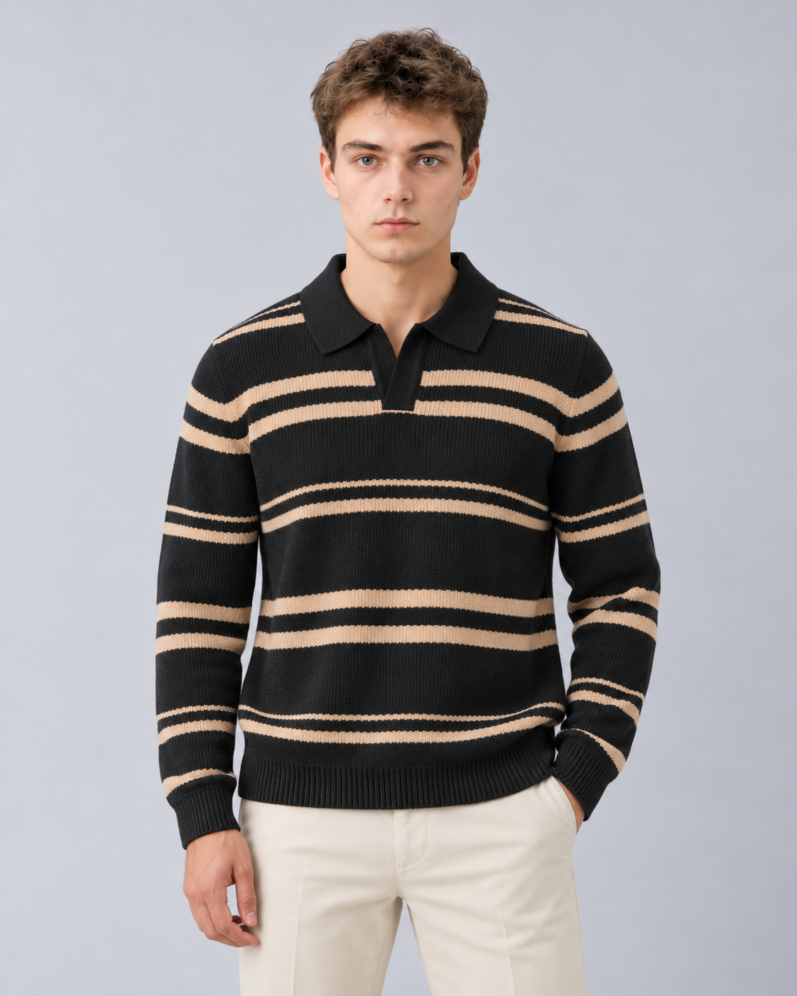 Men's Long Sleeve Knitted Polo – Striped Cotton-Blend Knit, Open Collar
