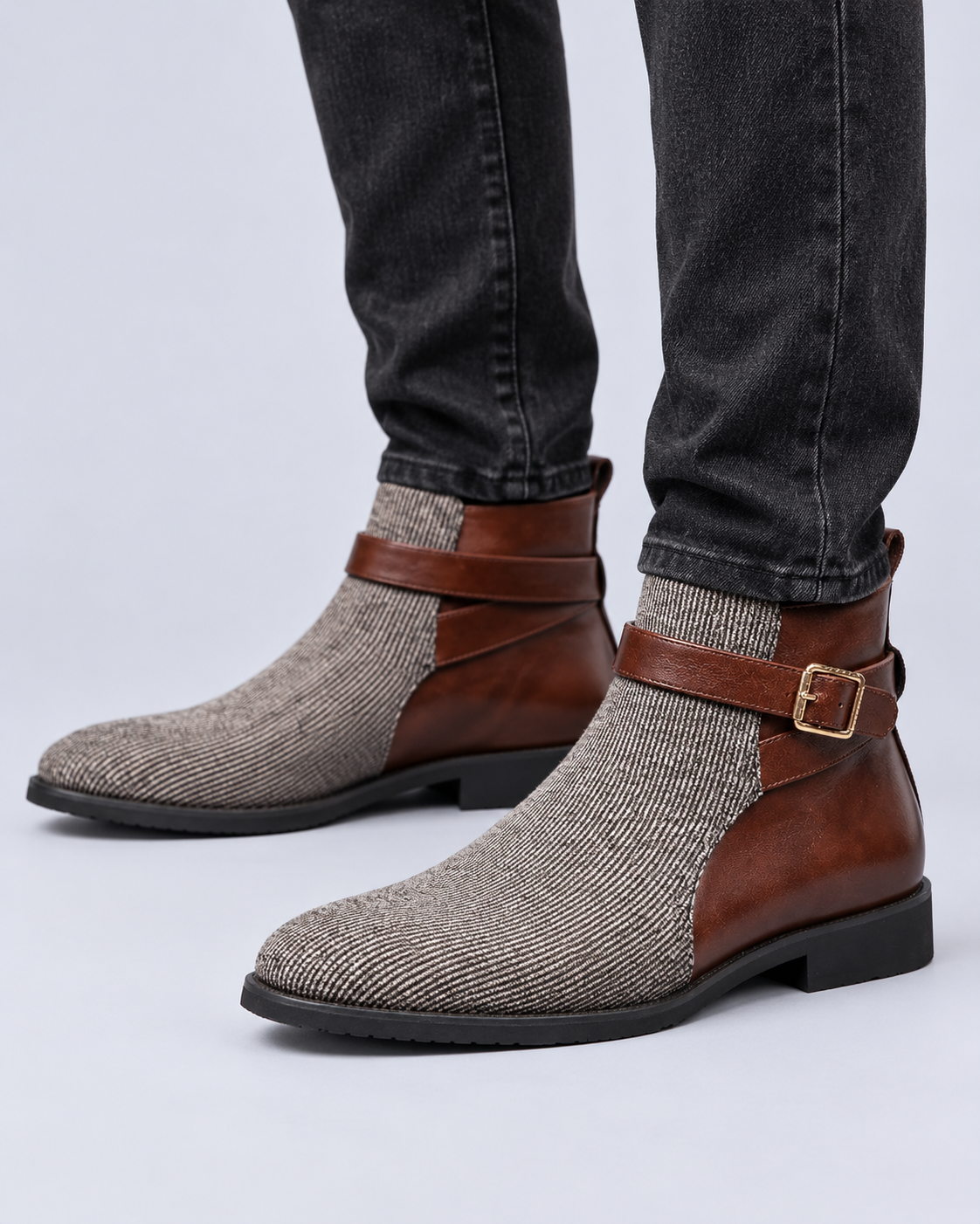 Men's Jodhpur Boots – Corduroy and Man-Made Leather Ankle Boots with Buckle Strap