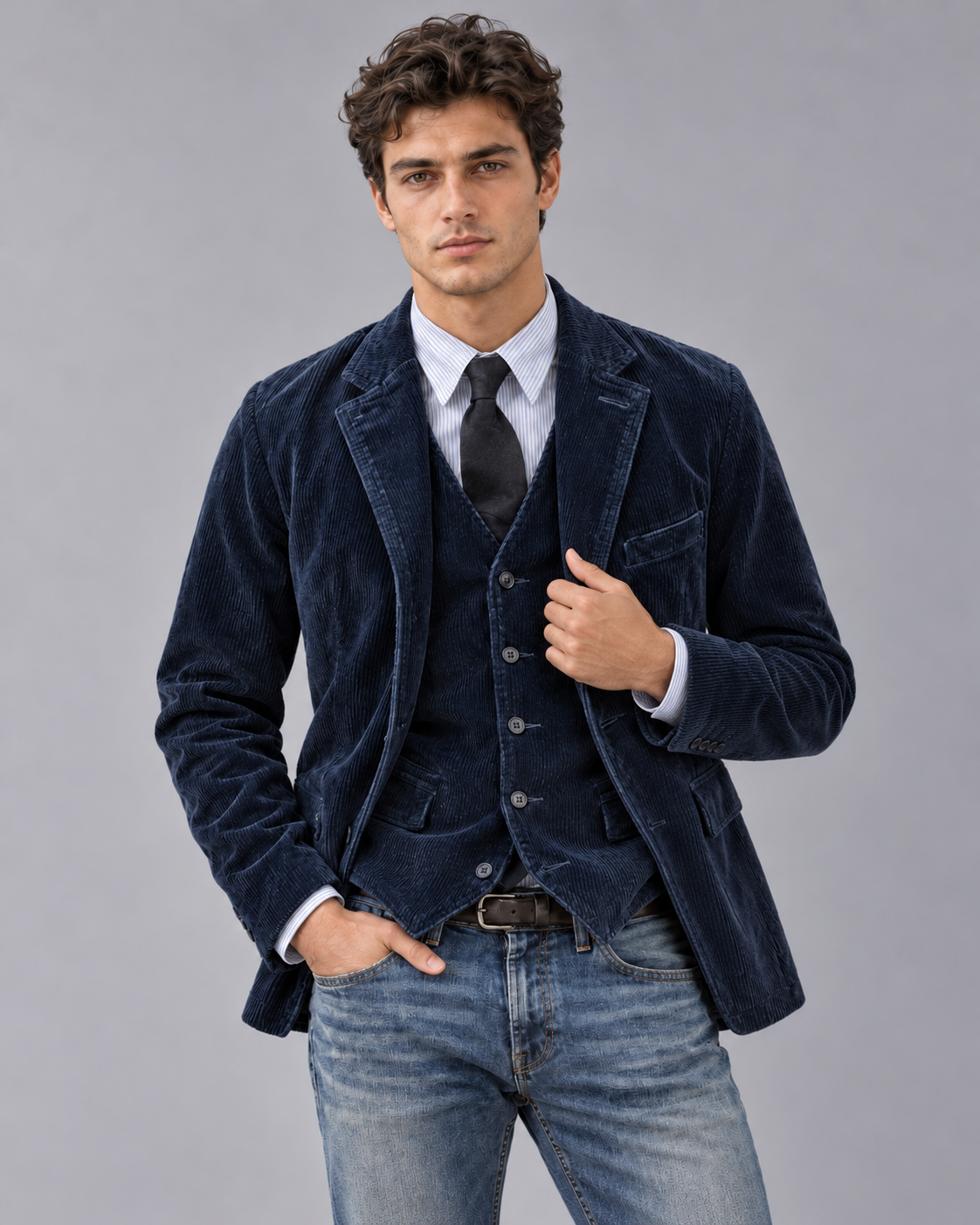 Men's Corduroy Jacket – Blazer Style, Notch Lapels, Button-Up, Flap Pockets