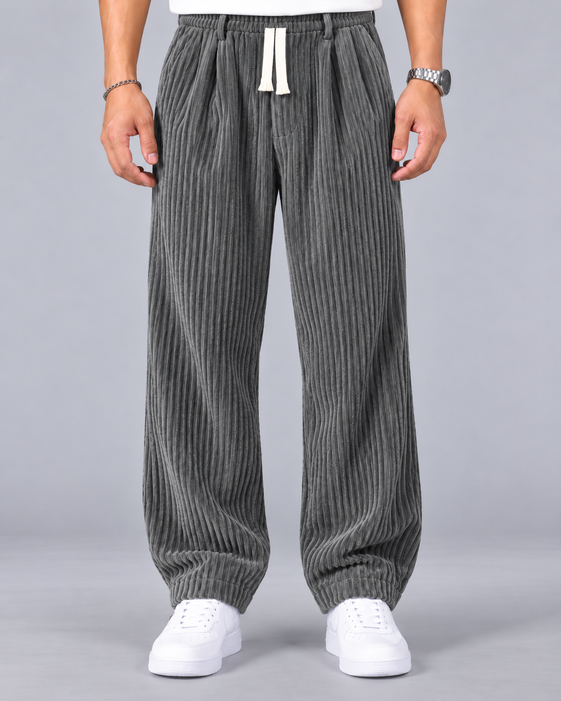 Men's Wide Leg Corduroy Trousers – Baggy Relaxed Fit with Drawstring Waist