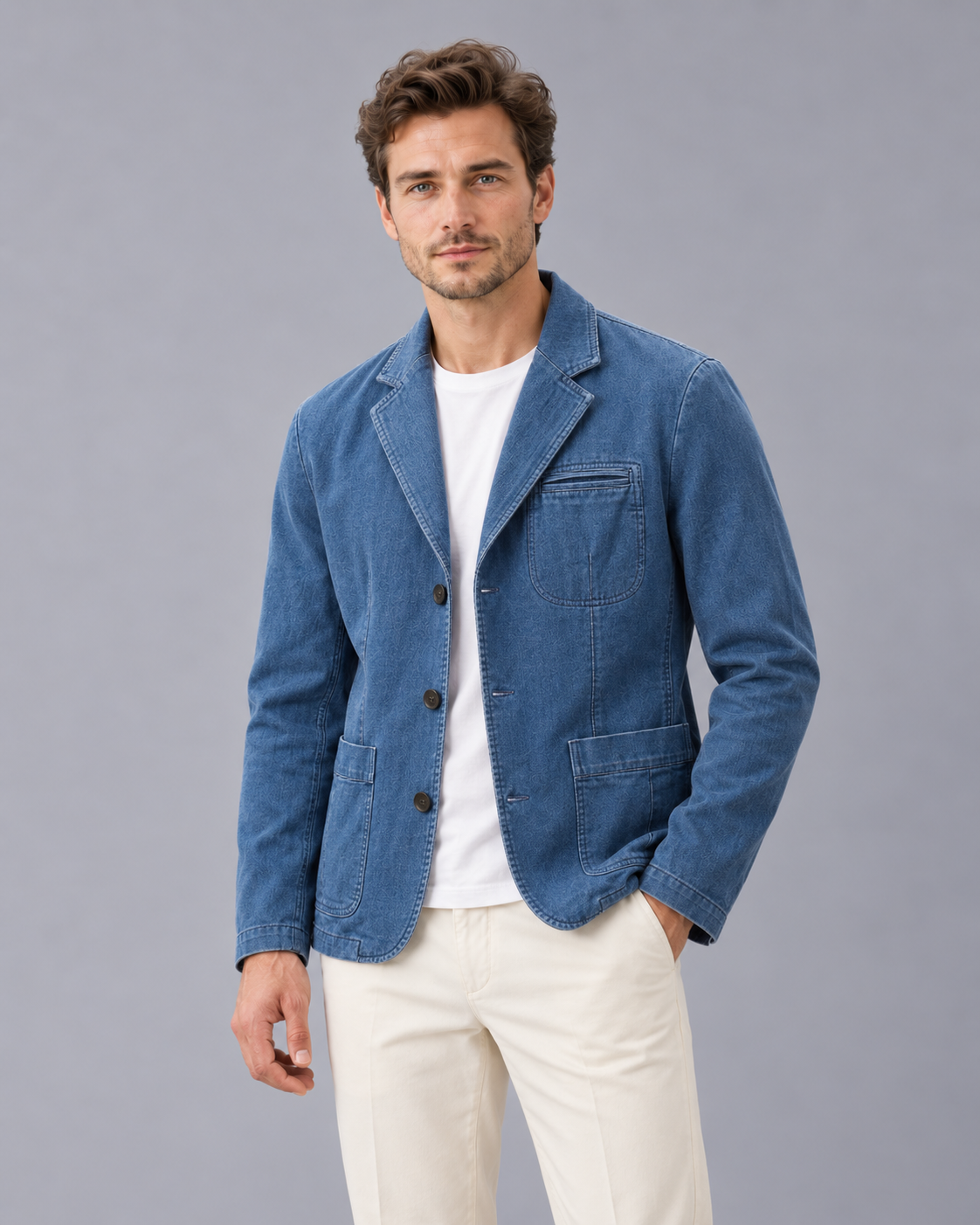 Men's Denim Blazer in Washed Cotton – Casual Blazer Jacket with Notch Lapels, Three Buttons, Patch Pockets