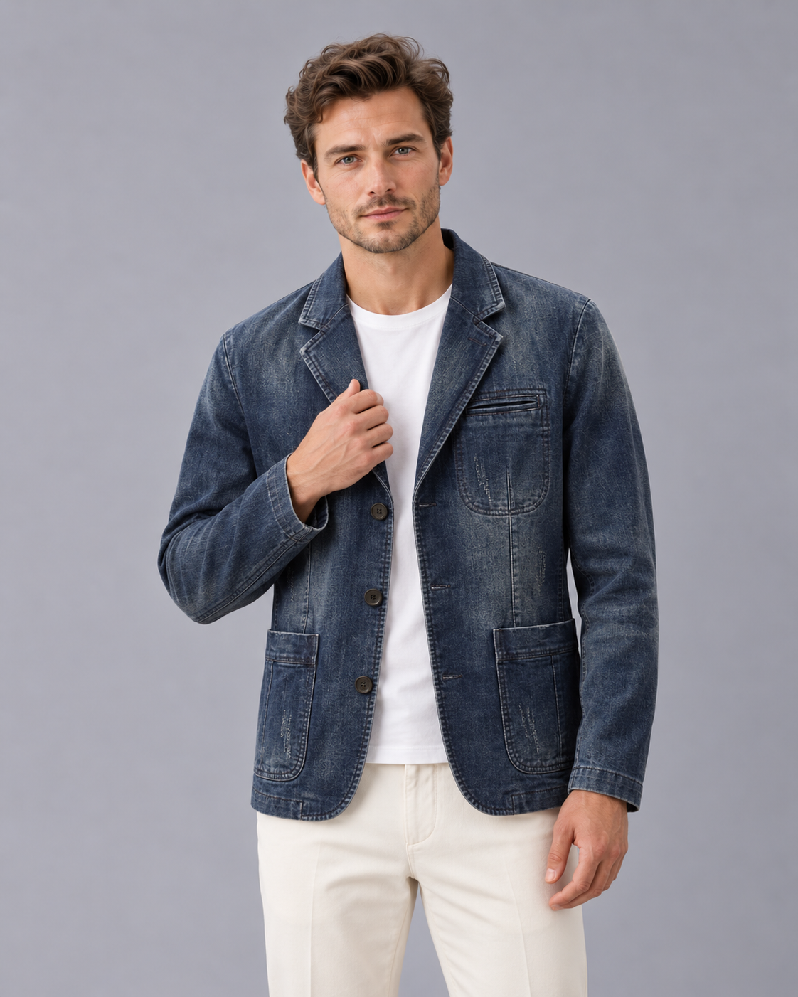 Men's Denim Blazer in Washed Cotton – Casual Blazer Jacket with Notch Lapels, Three Buttons, Patch Pockets