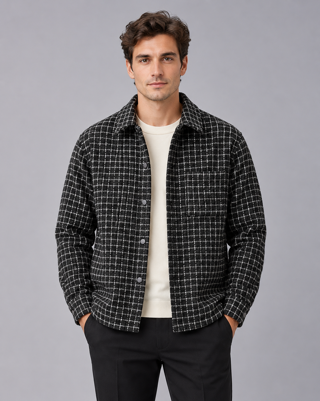 Men's Cotton Tweed Shacket – Houndstooth-Inspired Overshirt Jacket with Point Collar