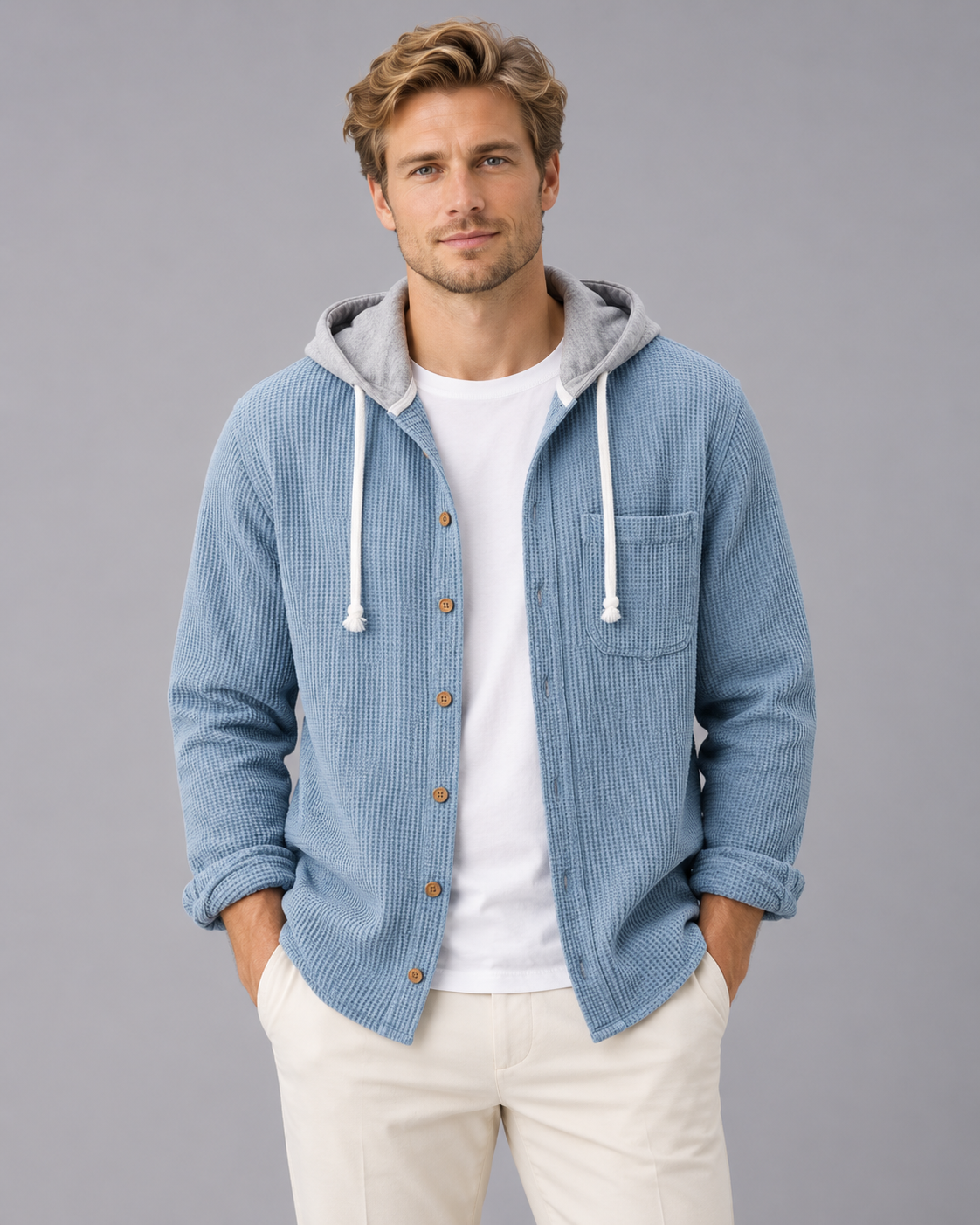 Men's Corduroy Hooded Shirt – Button-Front Hooded Overshirt with Drawstring Hood, Loose Fit