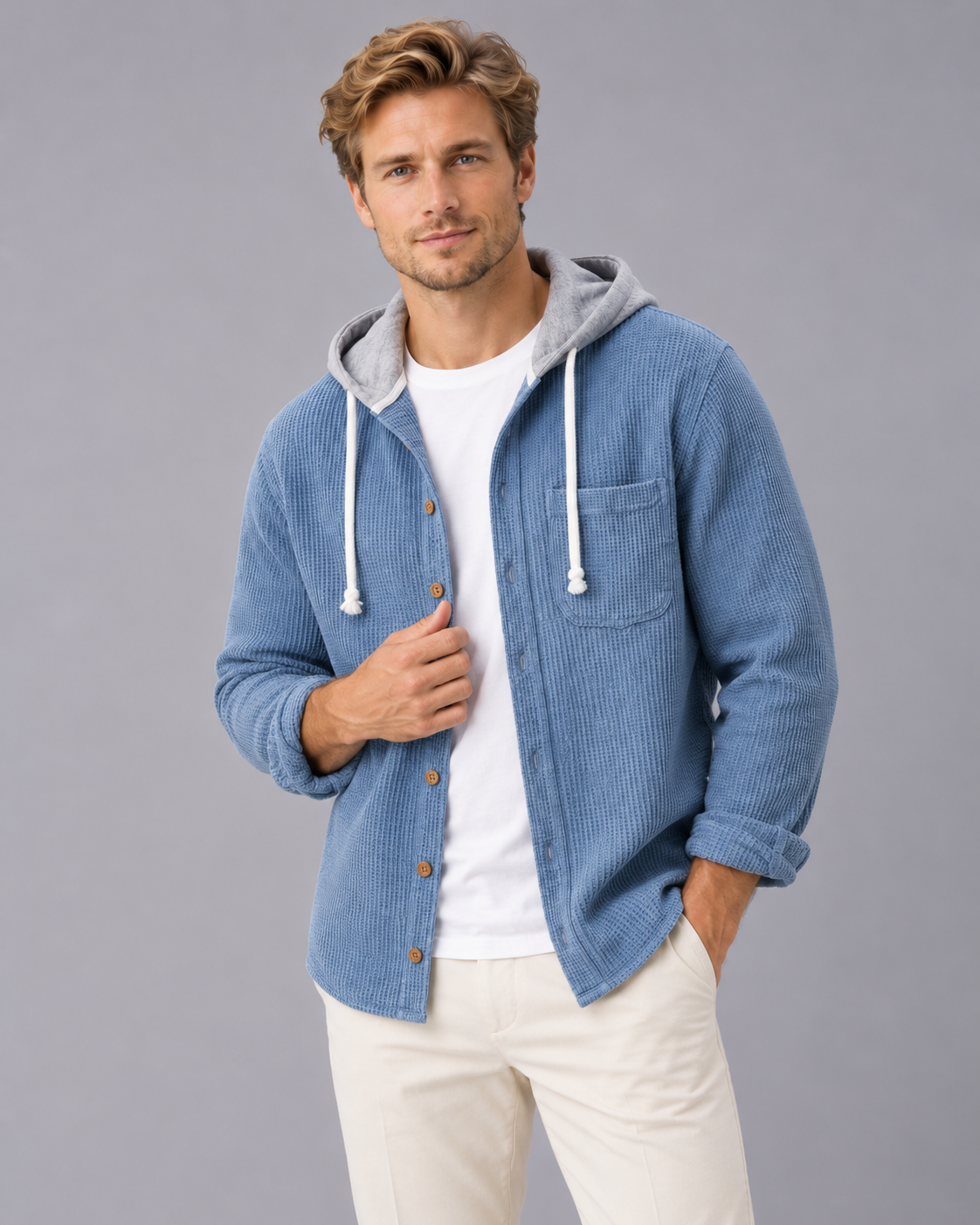 Men's Corduroy Hooded Shirt – Button-Front Hooded Overshirt with Drawstring Hood, Loose Fit