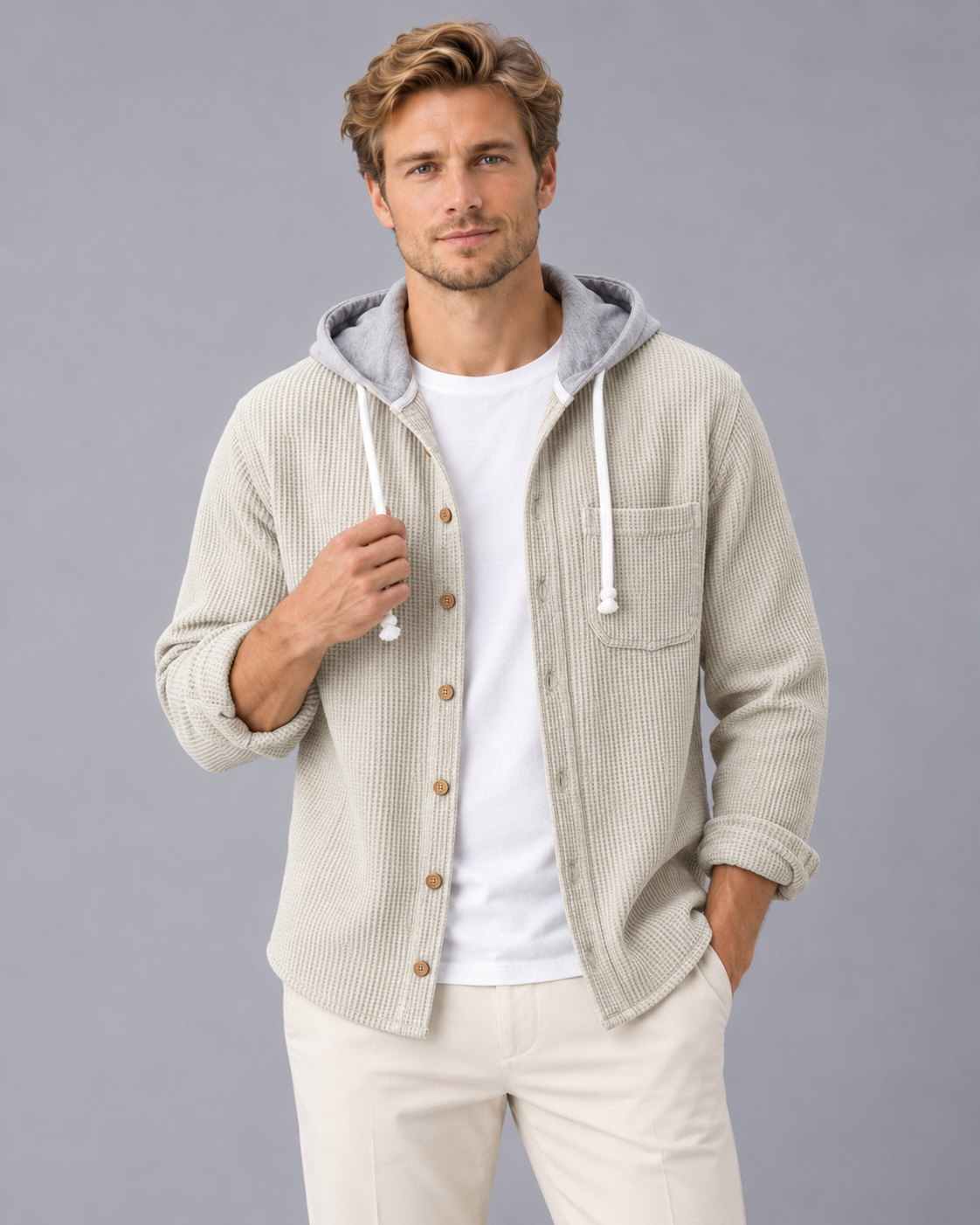 Men's Corduroy Hooded Shirt – Button-Front Hooded Overshirt with Drawstring Hood, Loose Fit