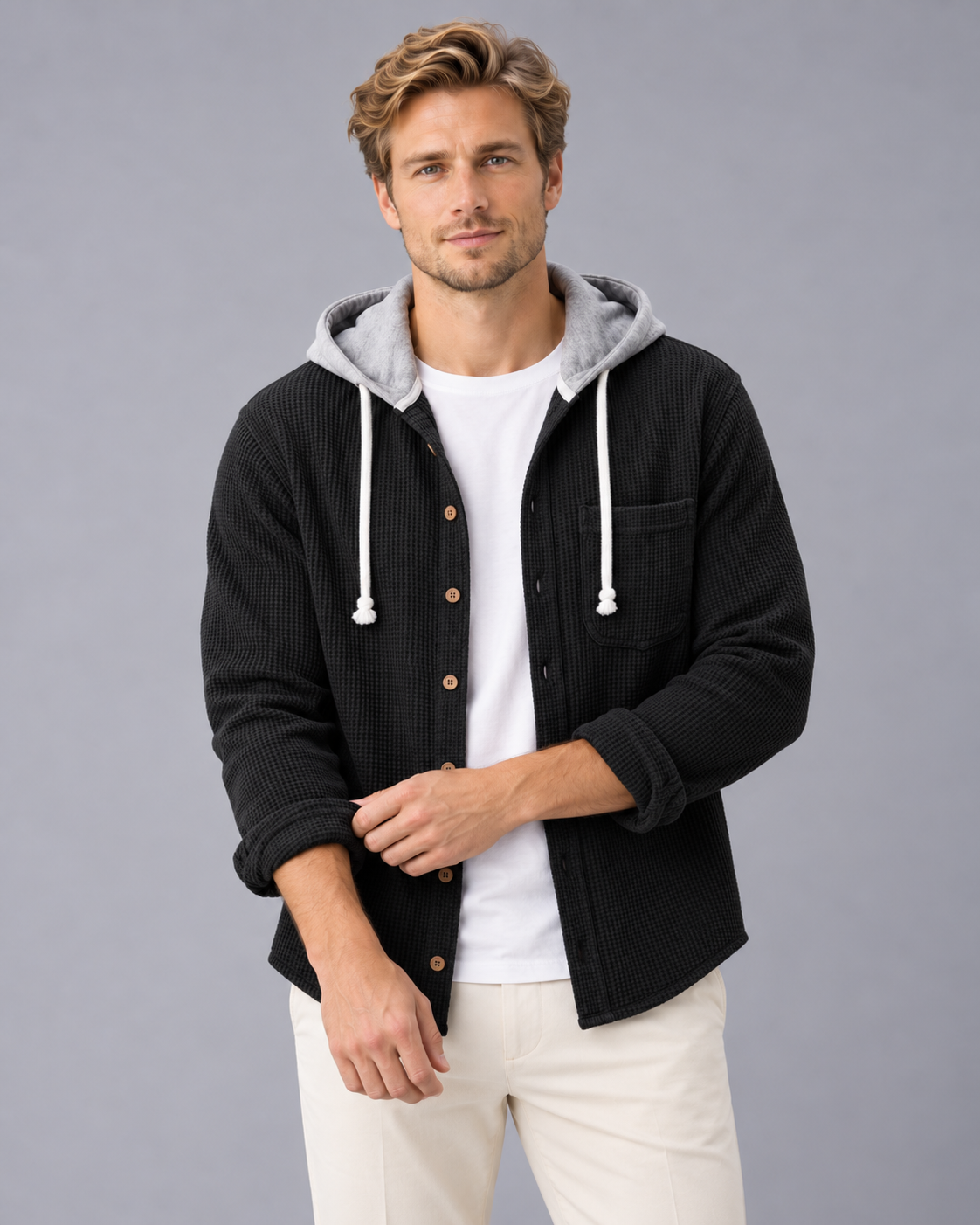 Men's Corduroy Hooded Shirt – Button-Front Hooded Overshirt with Drawstring Hood, Loose Fit