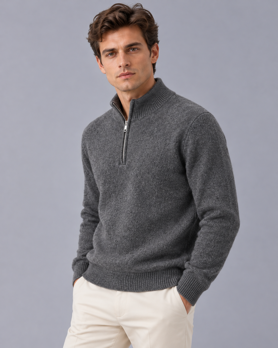 Men's 100% Cashmere Quarter Zip Jumper with High Collar and Ribbed Trims