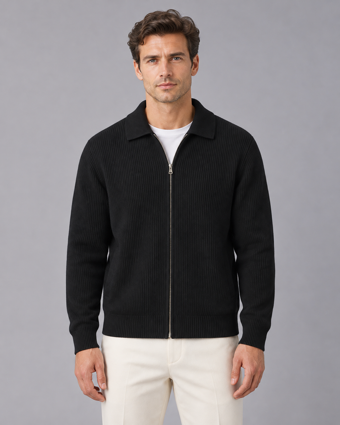 Men's Wool Zip Through Cardigan with Polo Collar