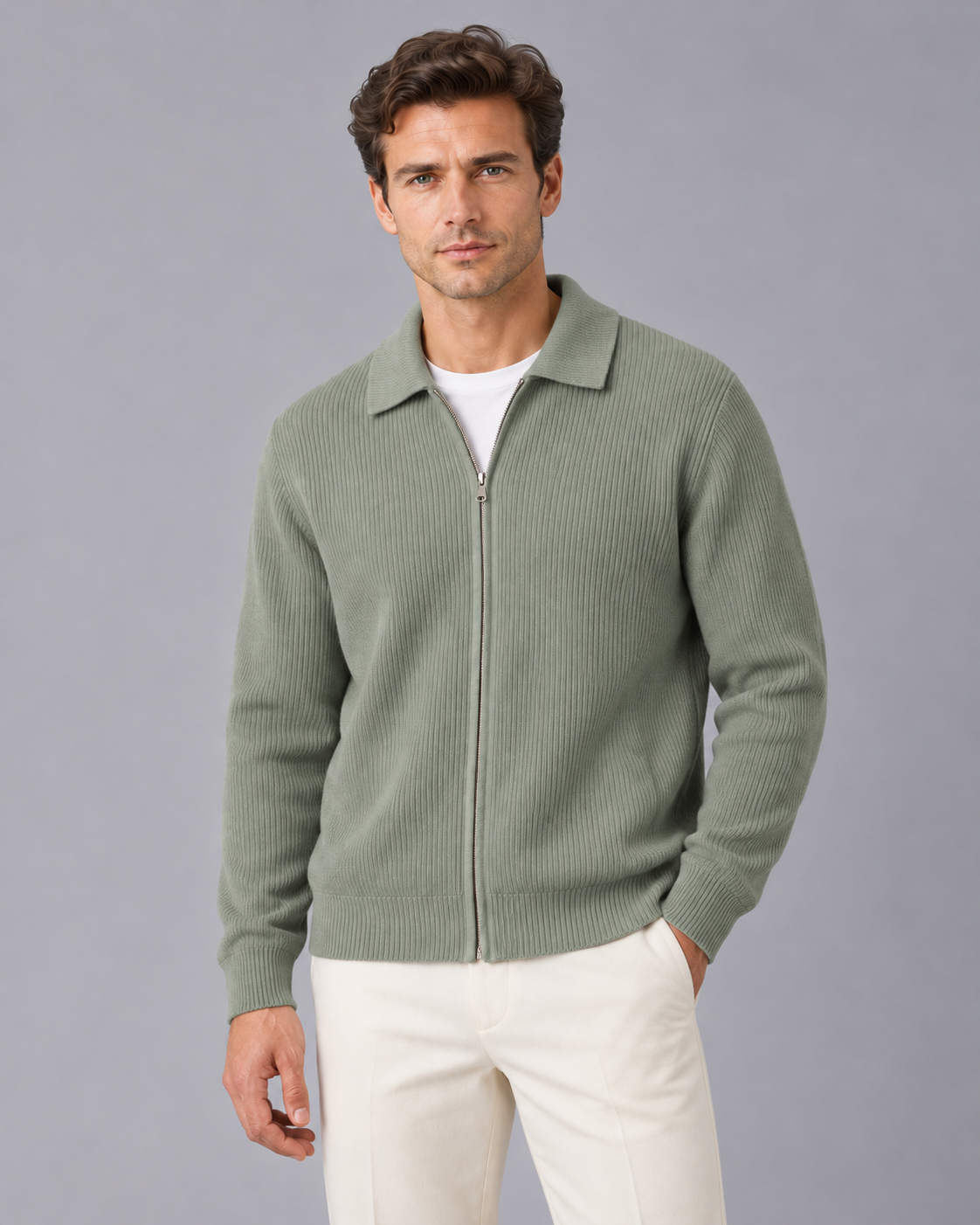 Men's Wool Zip Through Cardigan with Polo Collar