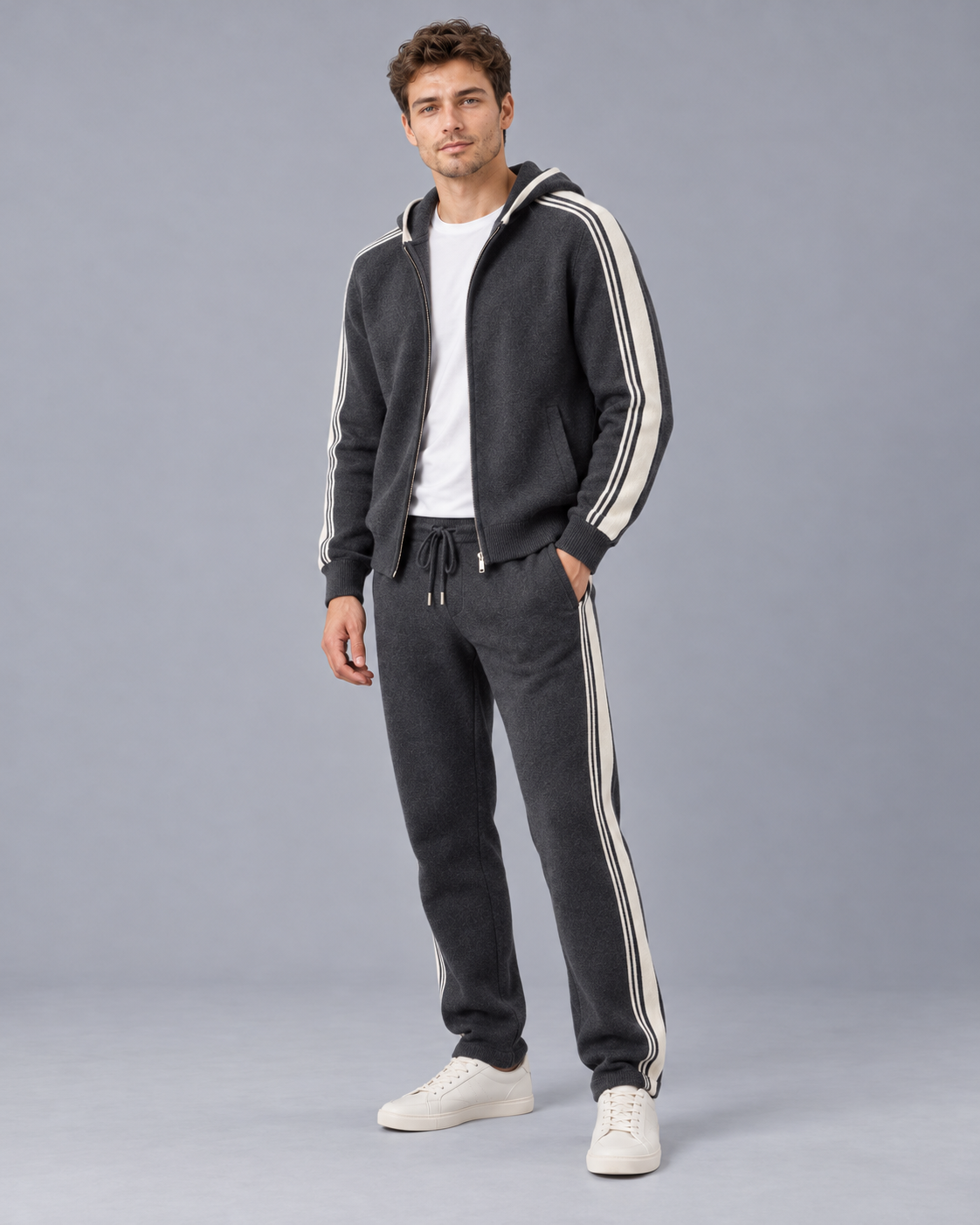 Men's 100% Cashmere Knitted Tracksuit with Contrast Stripes and Drawstring Joggers