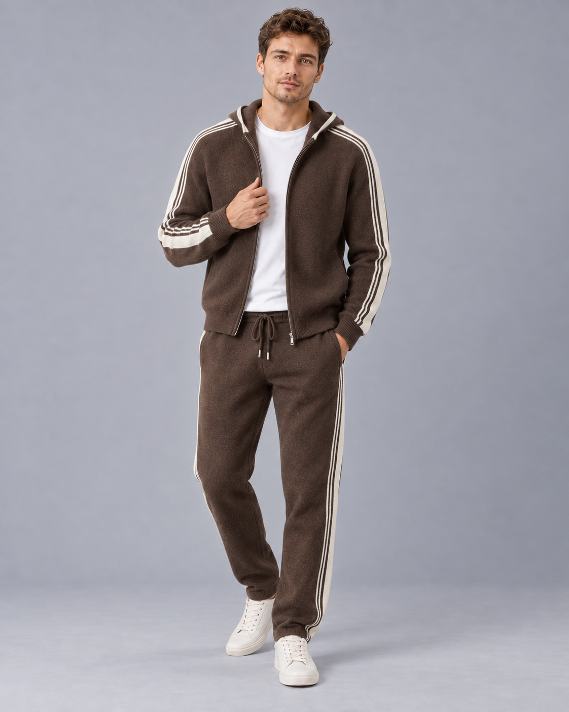 Men's 100% Cashmere Knitted Tracksuit with Contrast Stripes and Drawstring Joggers