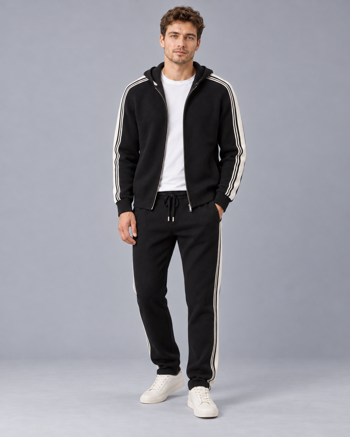Men's 100% Cashmere Knitted Tracksuit with Contrast Stripes and Drawstring Joggers