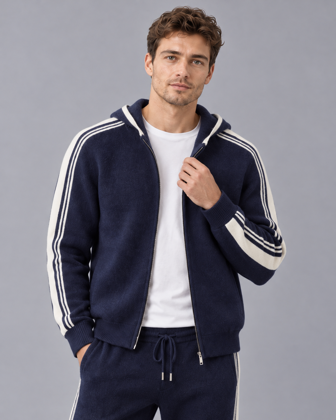 Men's 100% Cashmere Knitted Tracksuit with Contrast Stripes and Drawstring Joggers