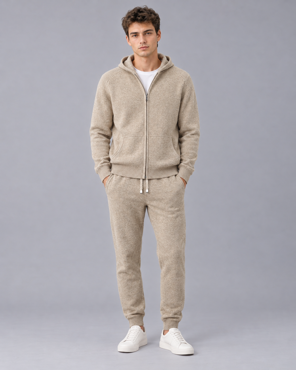 Men's 100% Cashmere Tracksuit Set with Zip-Up Hoodie and Cuffed Joggers