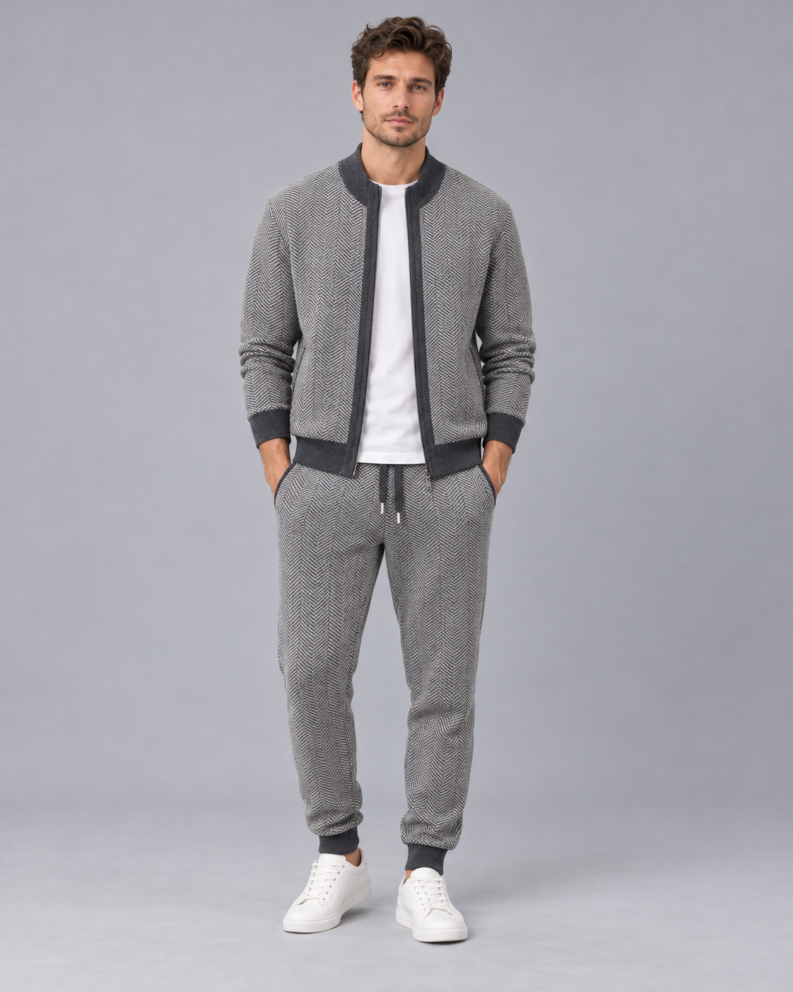 Men's 100% Merino Wool Knitted Tracksuit with Herringbone Pattern and Zip-Up Jacket