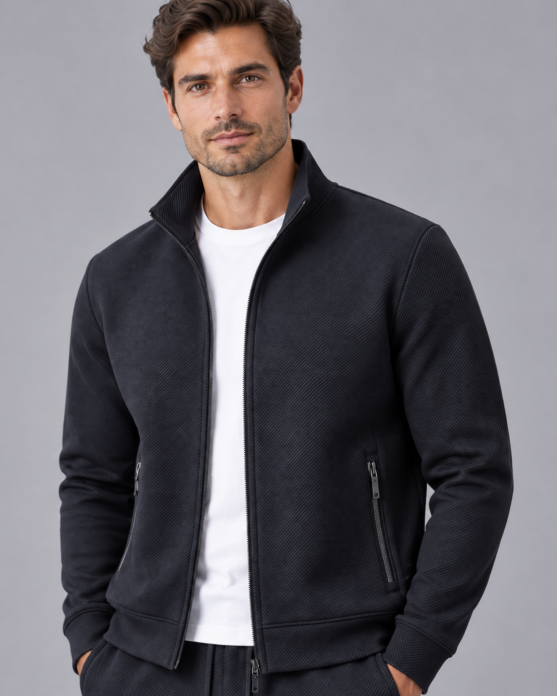 Men's Textured Tracksuit with Zip-Up Jacket and Drawstring Joggers