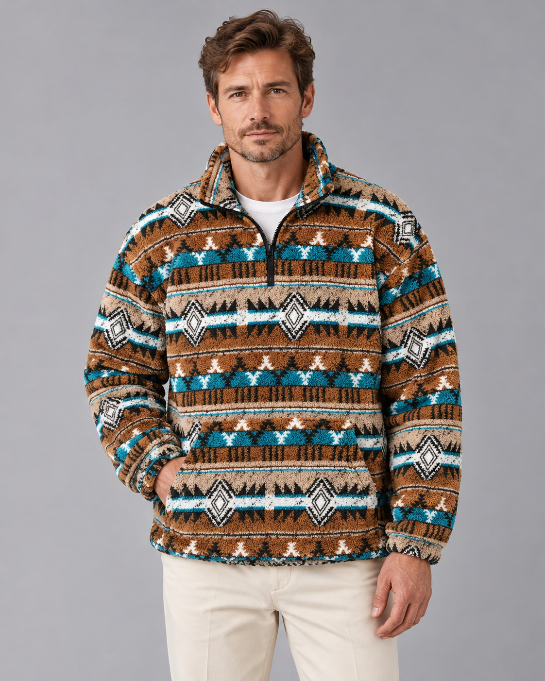 Men's Aztec Sherpa Fleece Quarter Zip Pullover with Kangaroo Pocket | Stand Collar Jumper