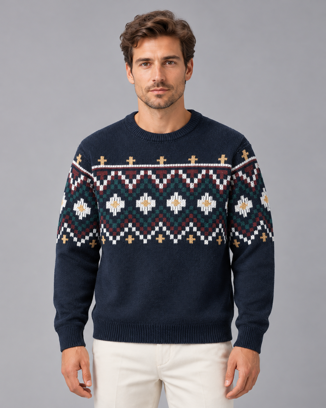 Men's Fair Isle Jumper with Crew Neck and Jacquard Pattern | Festive Sweater
