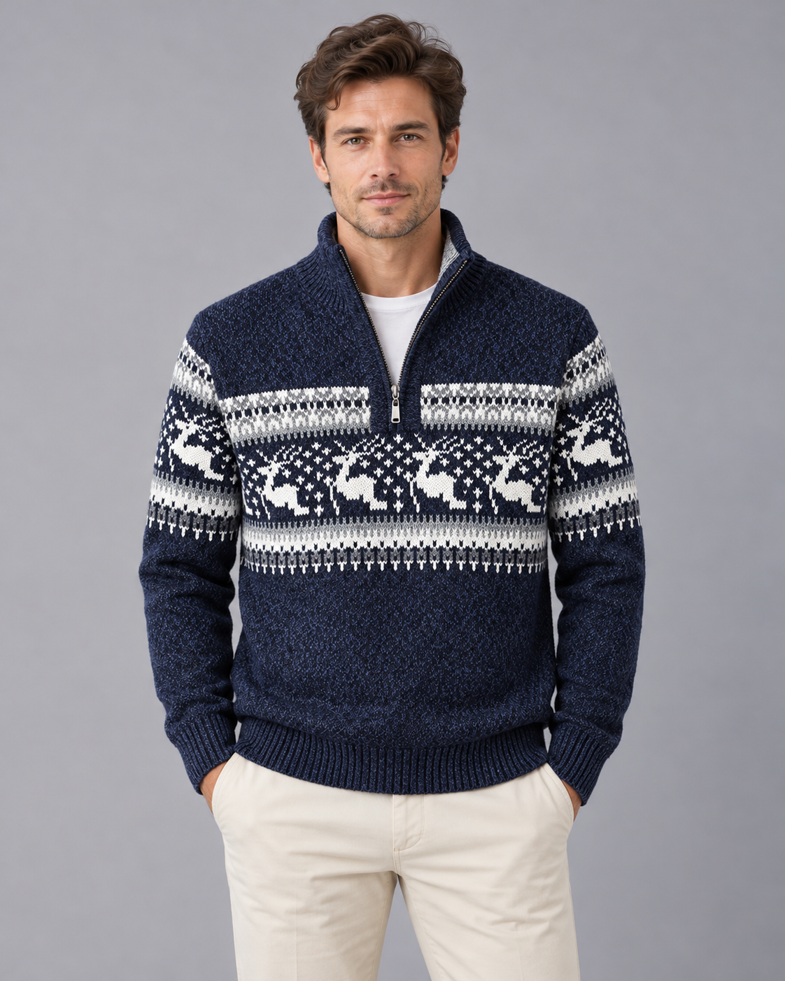 Men's Fair Isle Half Zip Jumper with Reindeer Pattern | Festive Sweater