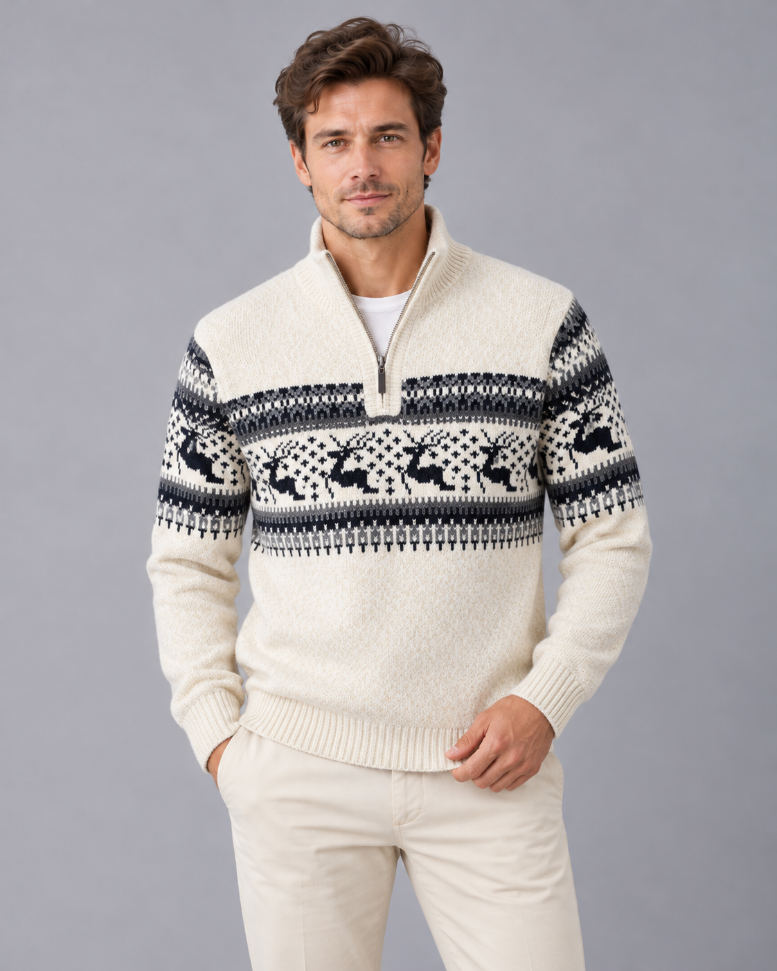 Men's Fair Isle Half Zip Jumper with Reindeer Pattern | Festive Sweater