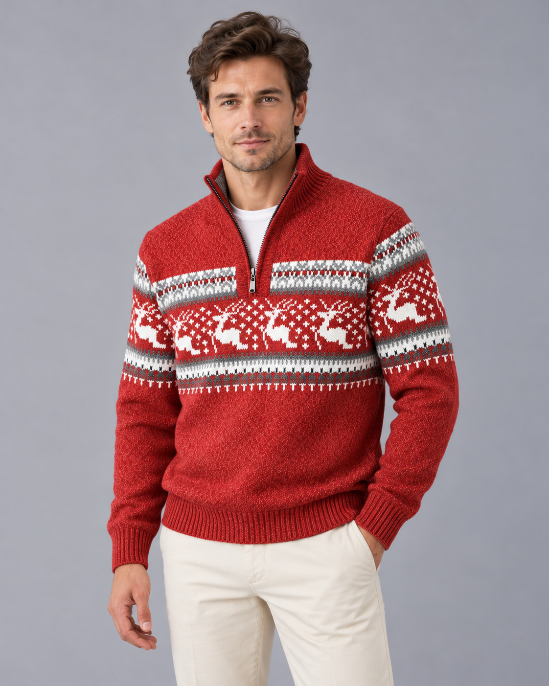 Men's Fair Isle Half Zip Jumper with Reindeer Pattern | Festive Sweater