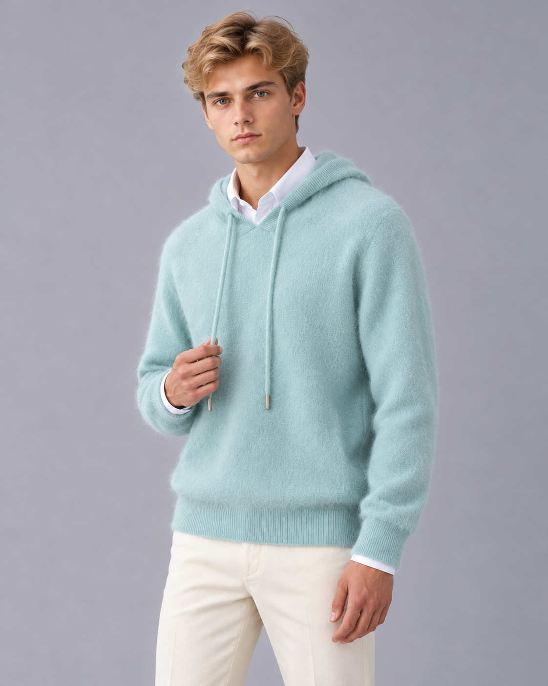 Men's Cashmere Look Hoodie with Drawstrings and Hood