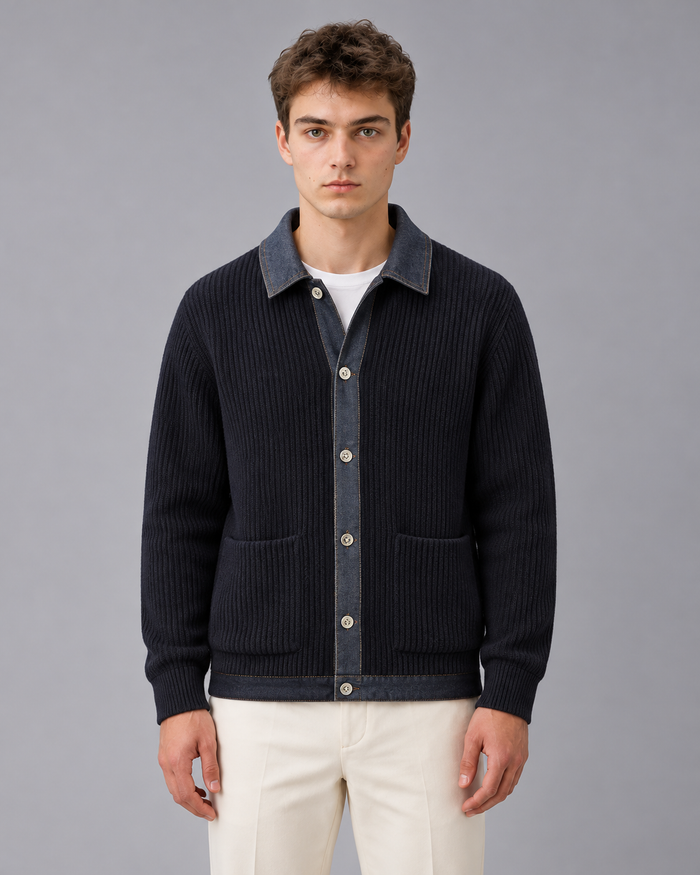 Men's Corduroy Ribbed Cardigan with Denim Collar and Patch Pockets