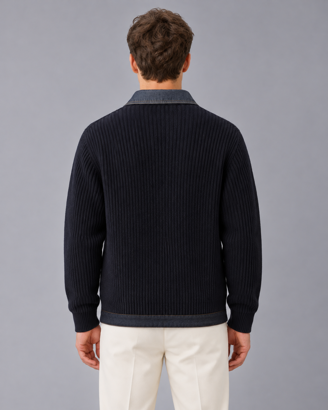 Men's Corduroy Ribbed Cardigan with Denim Collar and Patch Pockets