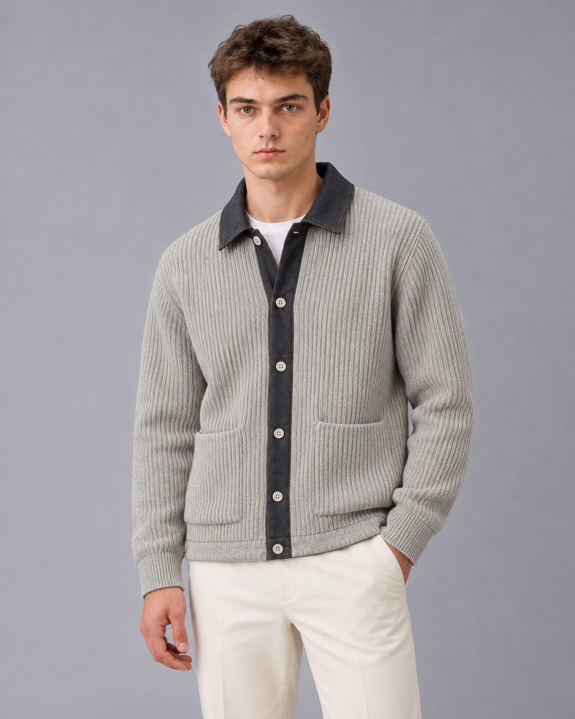 Men's Corduroy Ribbed Cardigan with Denim Collar and Patch Pockets