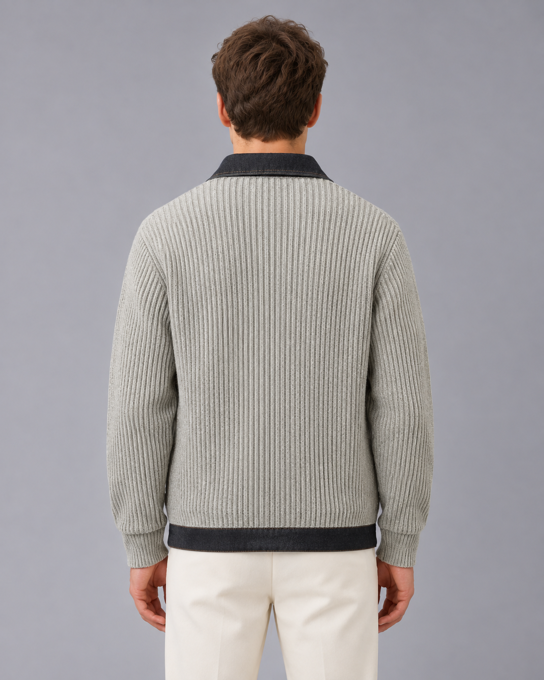 Men's Corduroy Ribbed Cardigan with Denim Collar and Patch Pockets