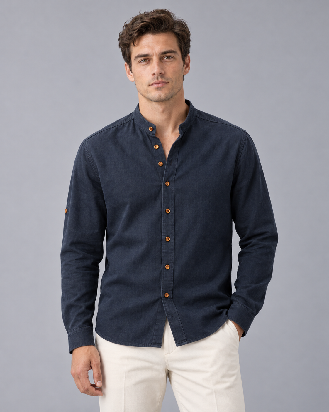Men's Linen Grandad Collar Shirt with Long Sleeves