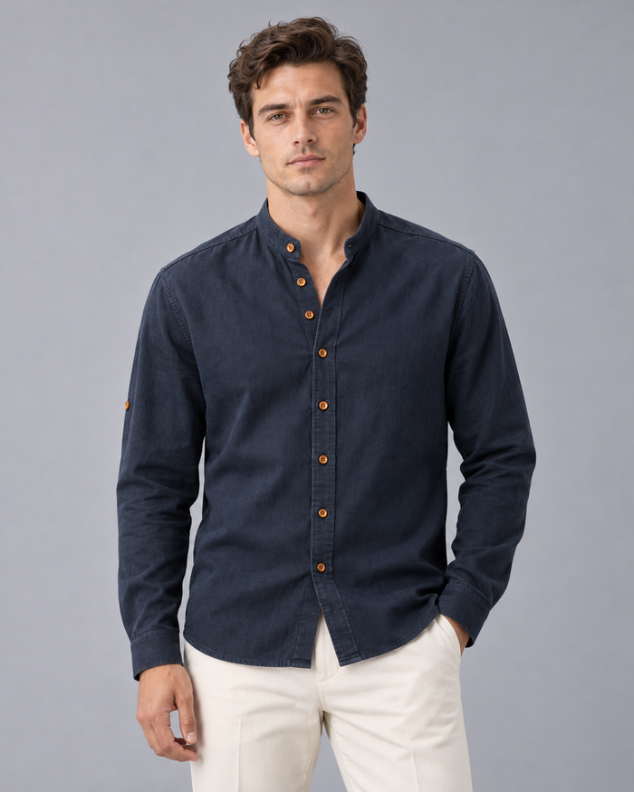 Men's Linen Grandad Collar Shirt with Long Sleeves