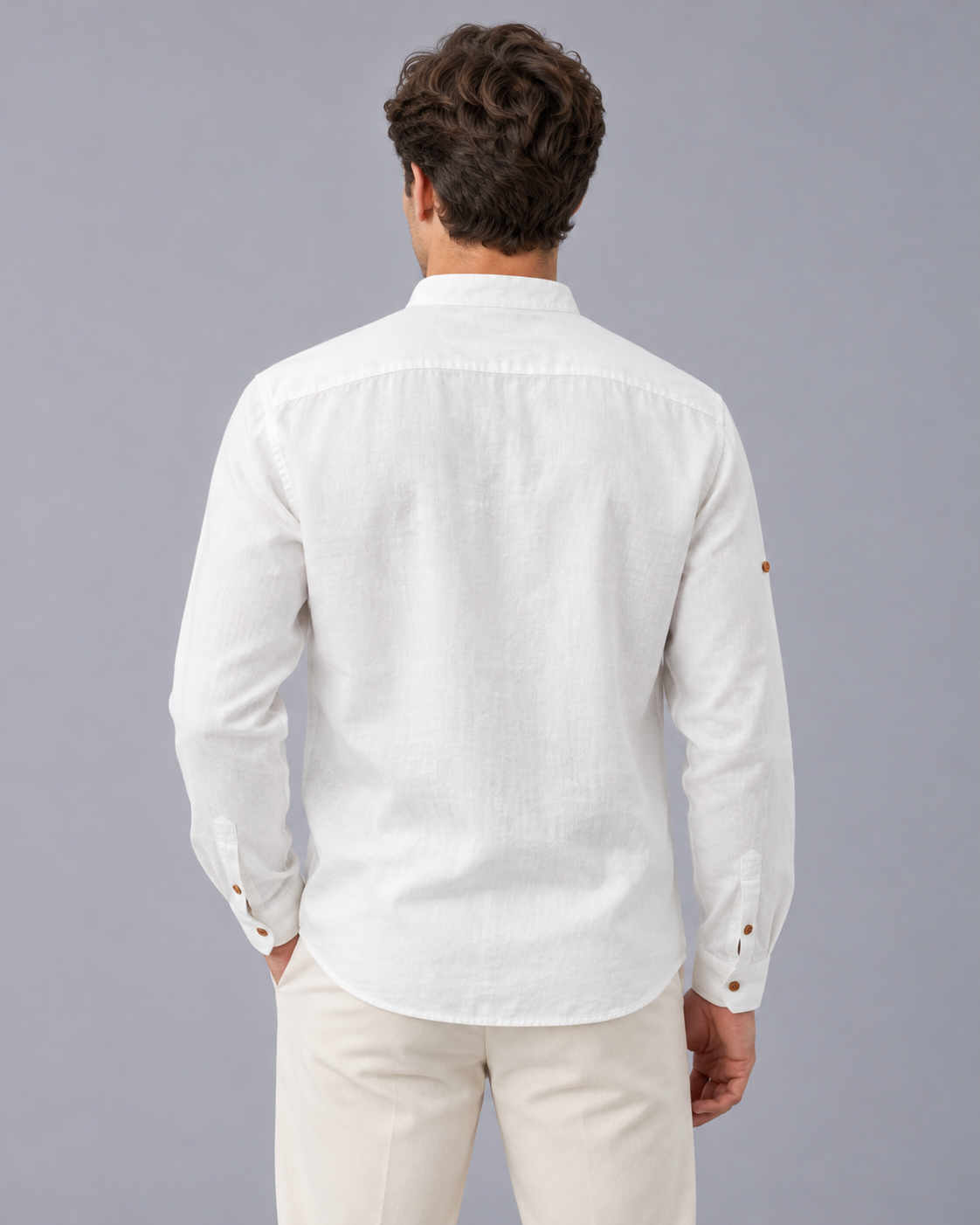Men's Linen Grandad Collar Shirt with Long Sleeves