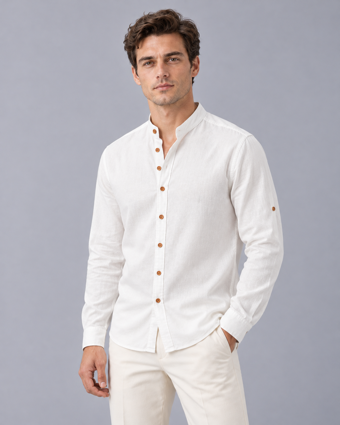 Men's Linen Grandad Collar Shirt with Long Sleeves