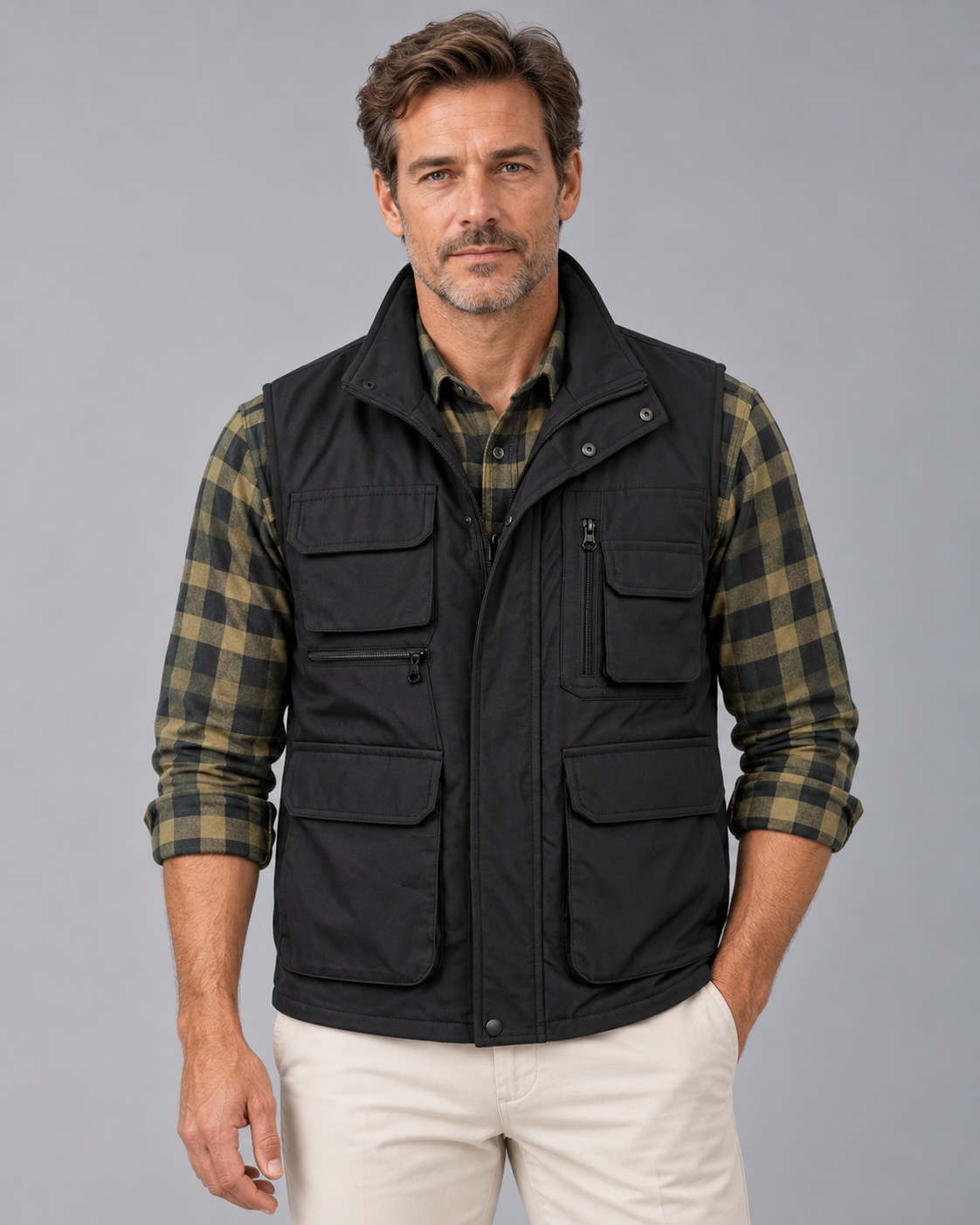 Men's Utility Gilet with Multiple Pockets and Stand Collar